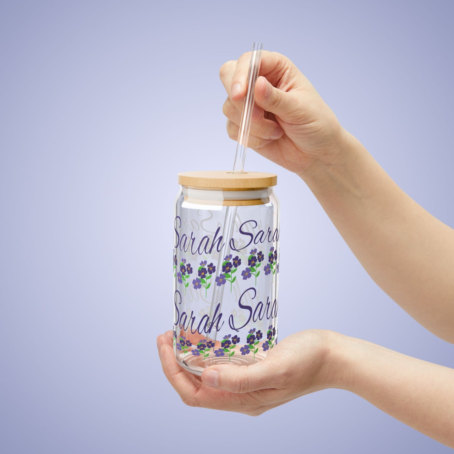 February Birthday Primrose Floral Personalized Sipper Glass Bamboo Lid