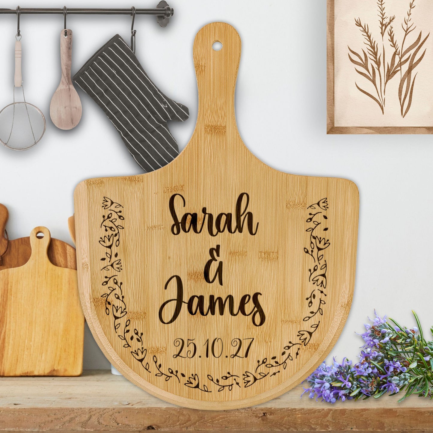 Engraved Married Couples Personalized Gift Engagement Bamboo Pizza Board