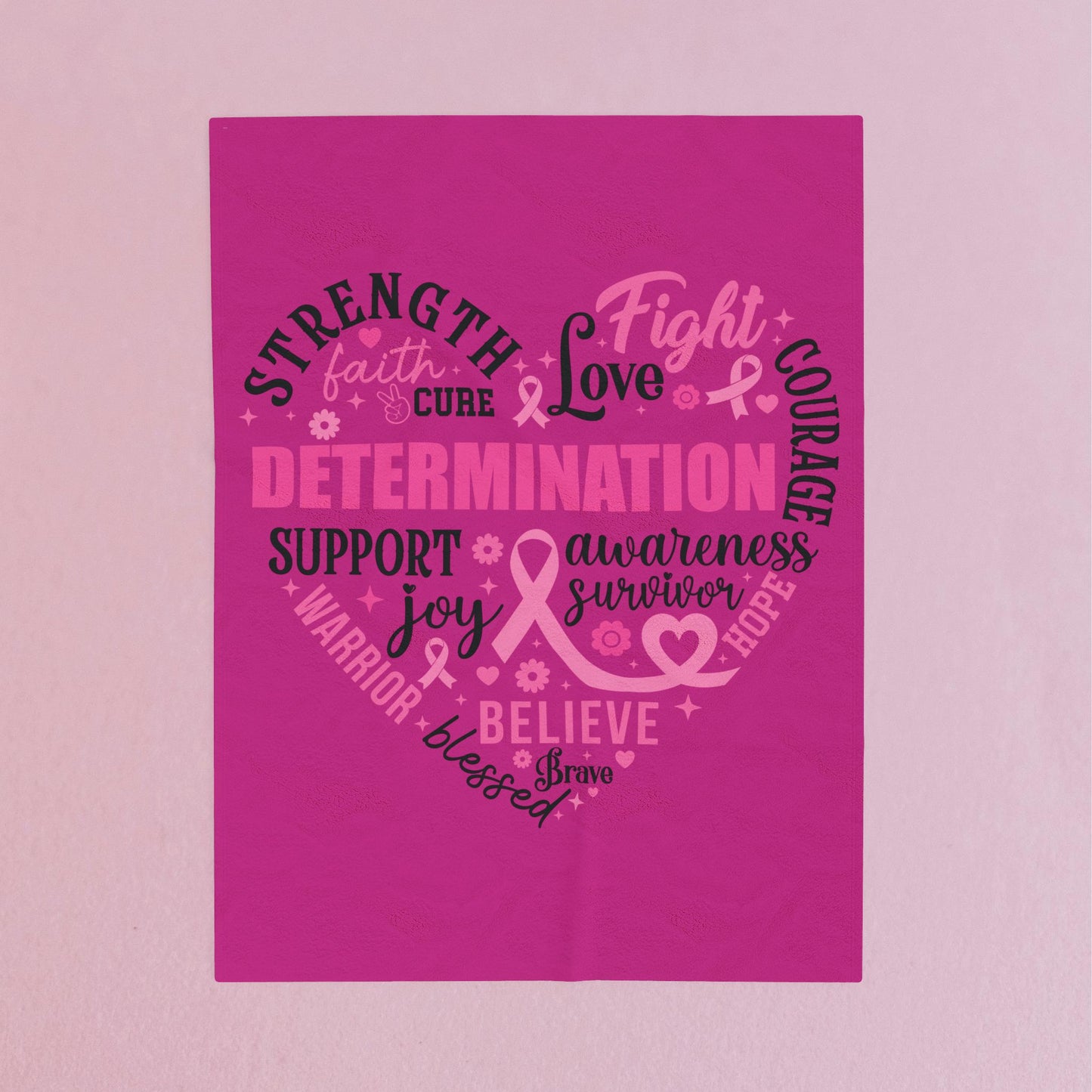 Heart Full of Fight Breast Cancer Awareness Pink Velveteen Plush Blanket 3 Sizes Chemotherapy Gift