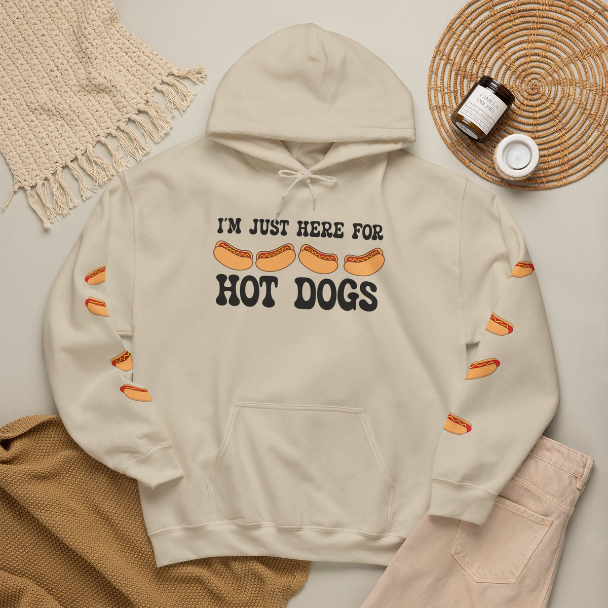Im Just Here for the Hot Dogs Sleeve Print Hoodie | Hot Dog Lover Gift Black