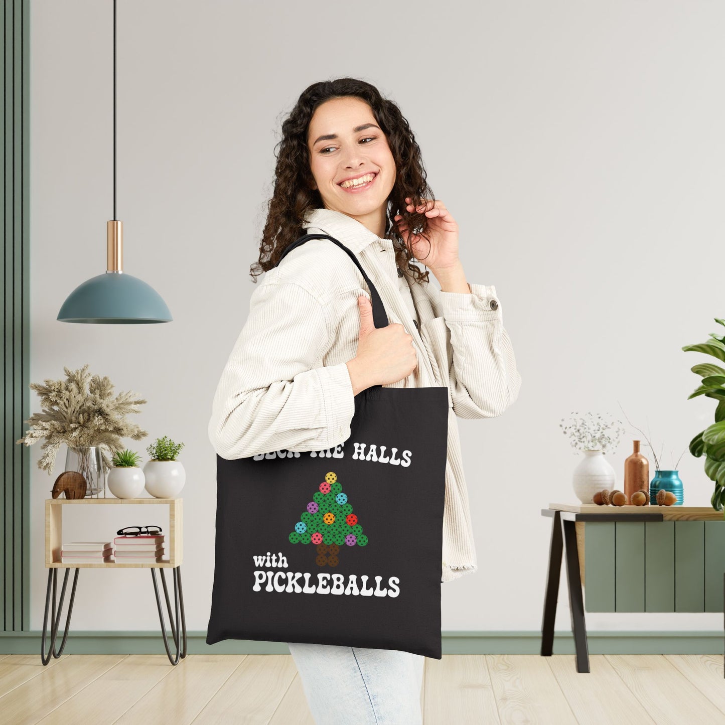 Deck the Halls with Pickleballs Christmas Black Pickleball Cotton Canvas Gift Tote Bag