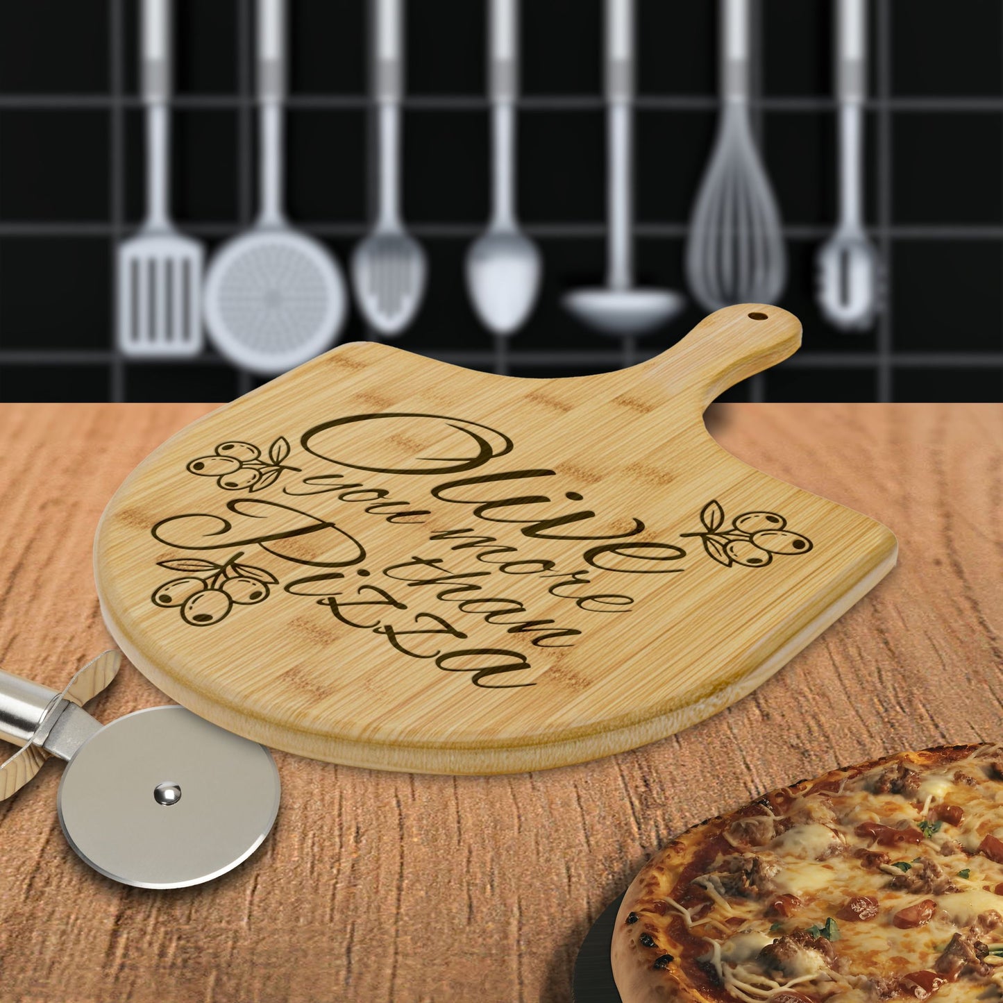 Olive you more than Pizza Engraved Bamboo Pizza Board Partner Family Gift