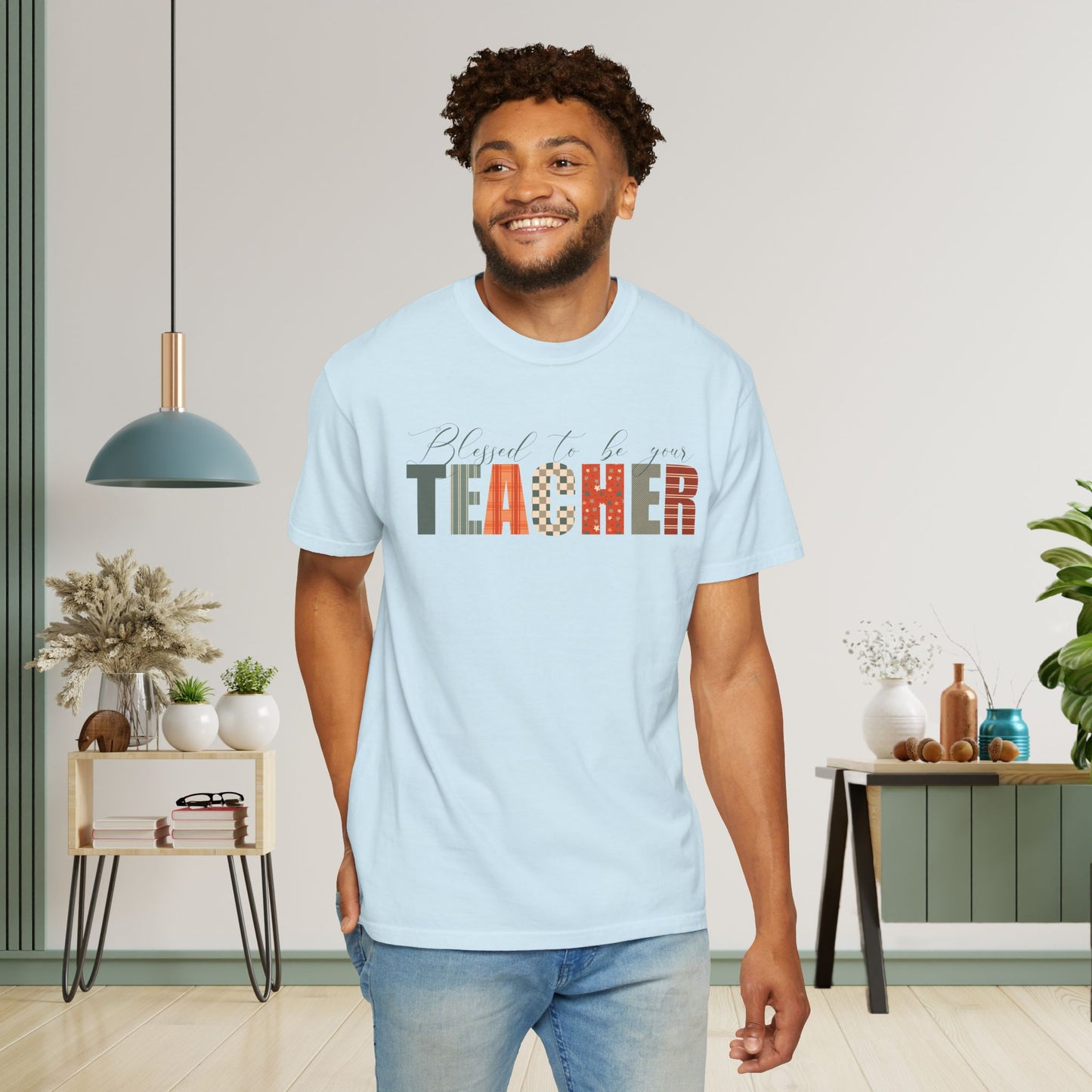 Blessed to be Your Teacher White Thanksgiving Patterned Word Art Comfort T Shirt Unisex