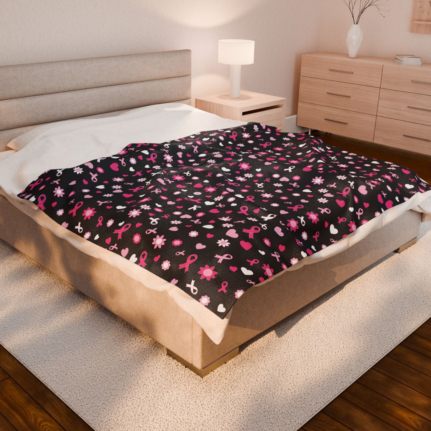 Breast Cancer Awareness Black Velveteen Plush Blanket 3 Sizes Chemotherapy Gift