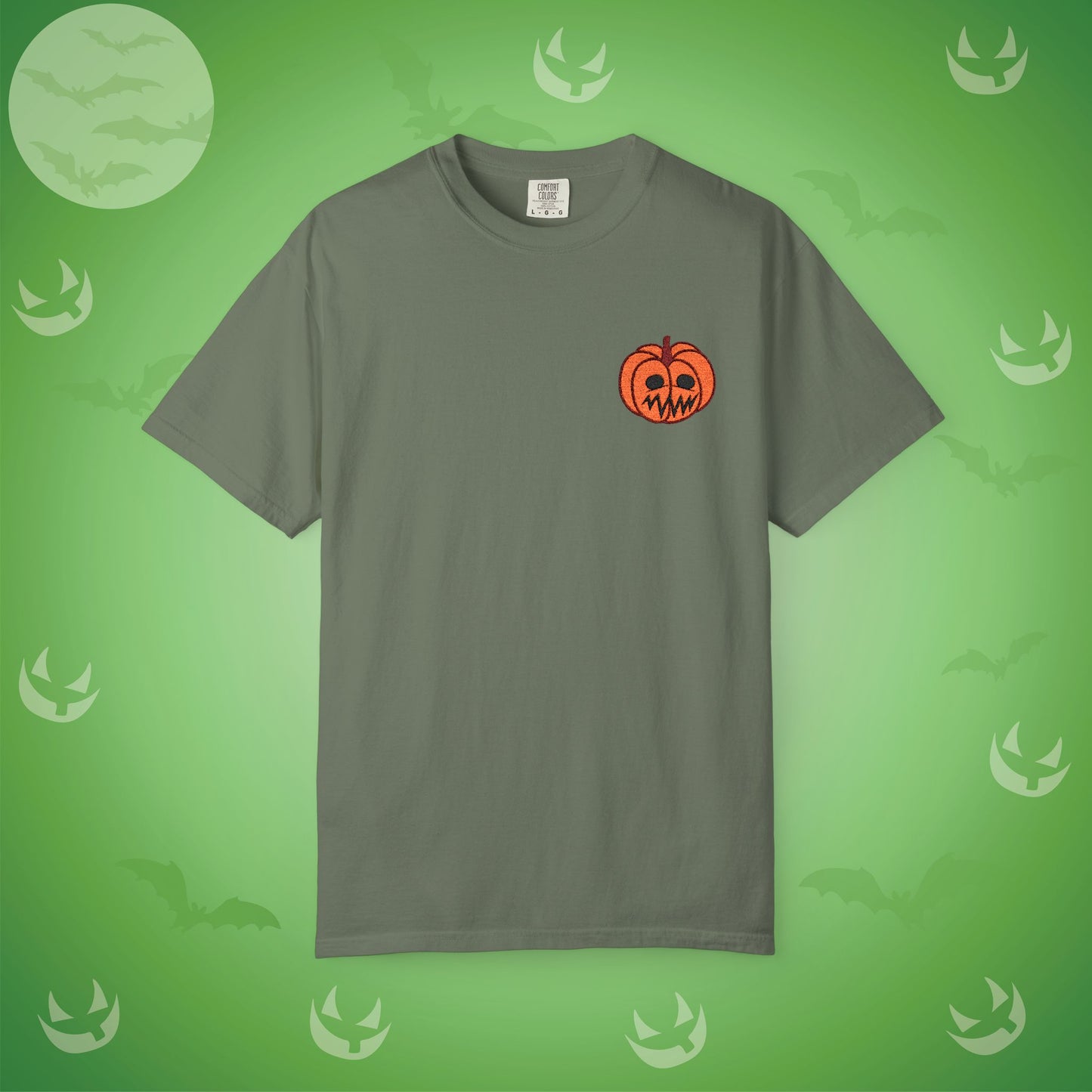 Embroidered Pocket Jackolantern Worried Face Halloween Pumpkin Comfort T Shirt Unisex