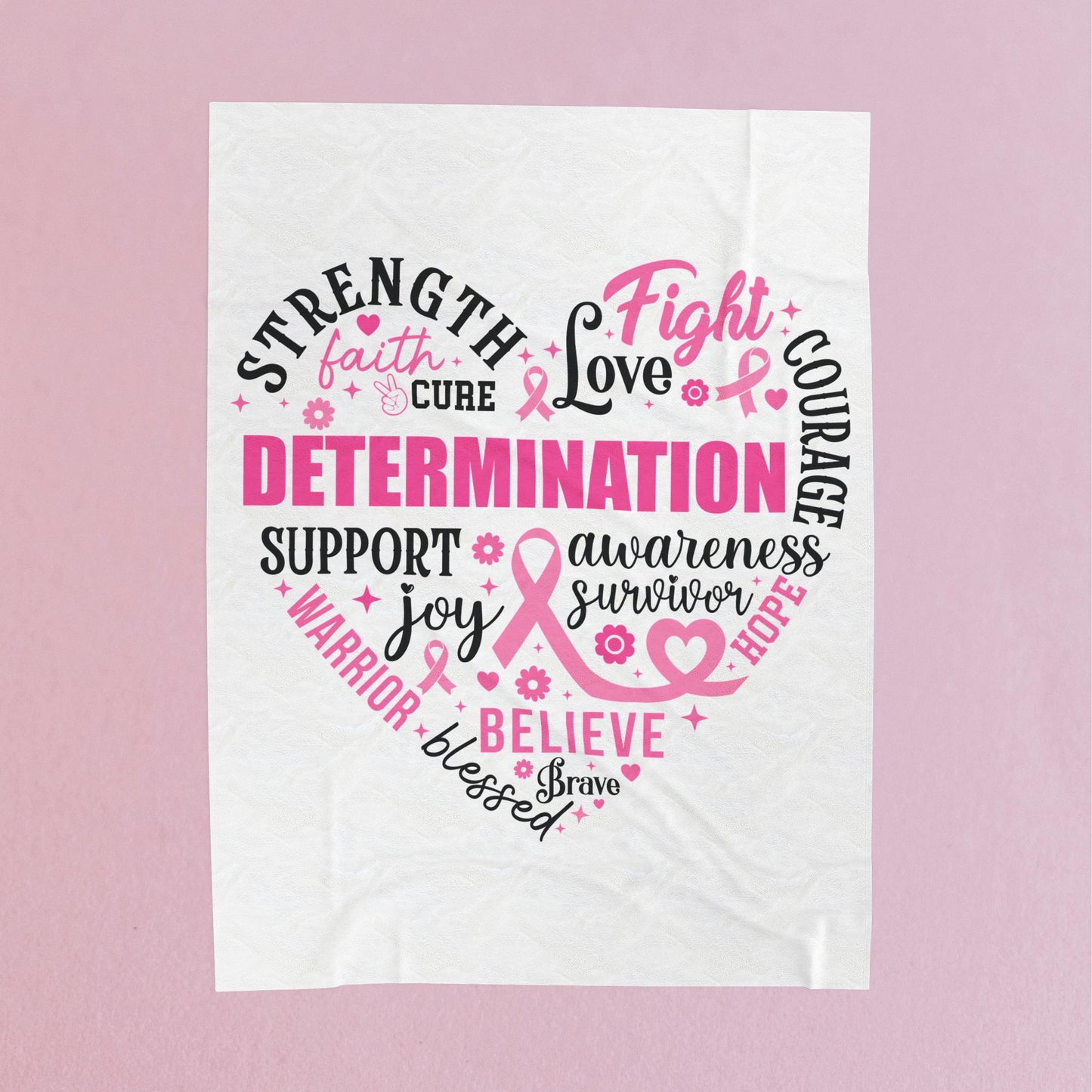 Heart Full of Fight Breast Cancer Awareness White Velveteen Plush Blanket 3 Sizes Chemotherapy Gift