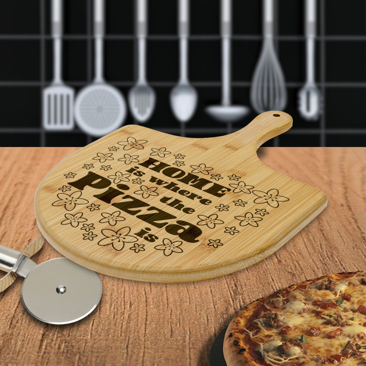 Home is Where the Pizza Is Engraved Bamboo Pizza Board House Warming Gift