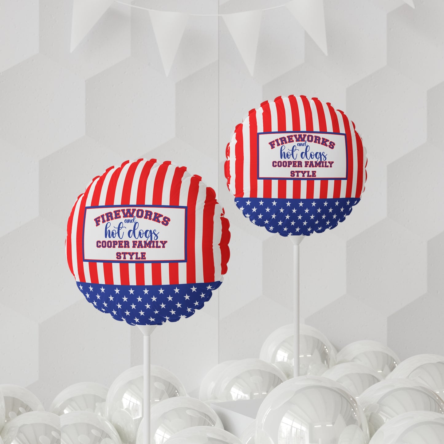 Fireworks and Hot Dogs Personalized Patriotic July 4th Home Decor Party Round Balloon USA Flag