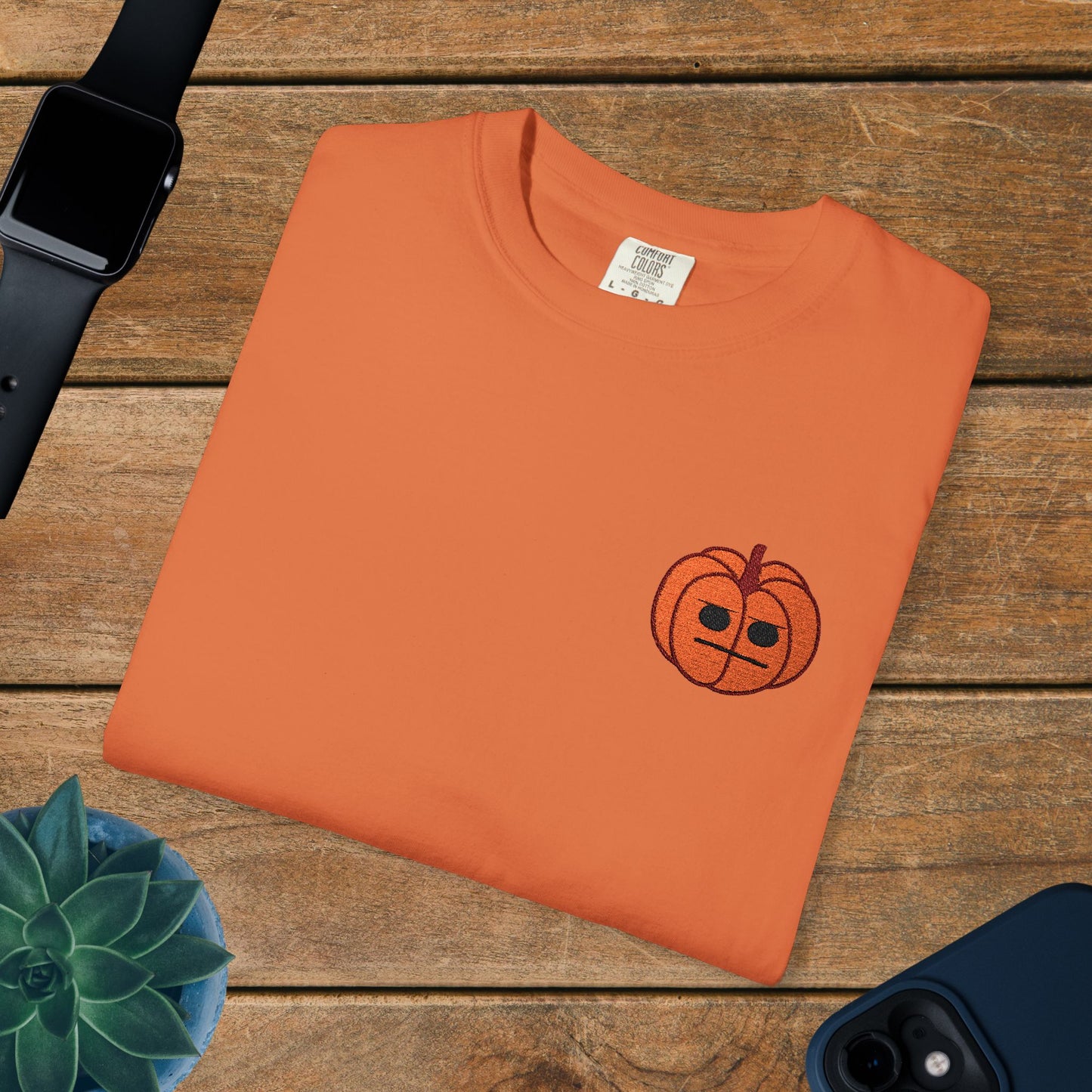 Embroidered Pocket Jackolantern Annoyed Face Halloween Pumpkin Comfort T Shirt Unisex