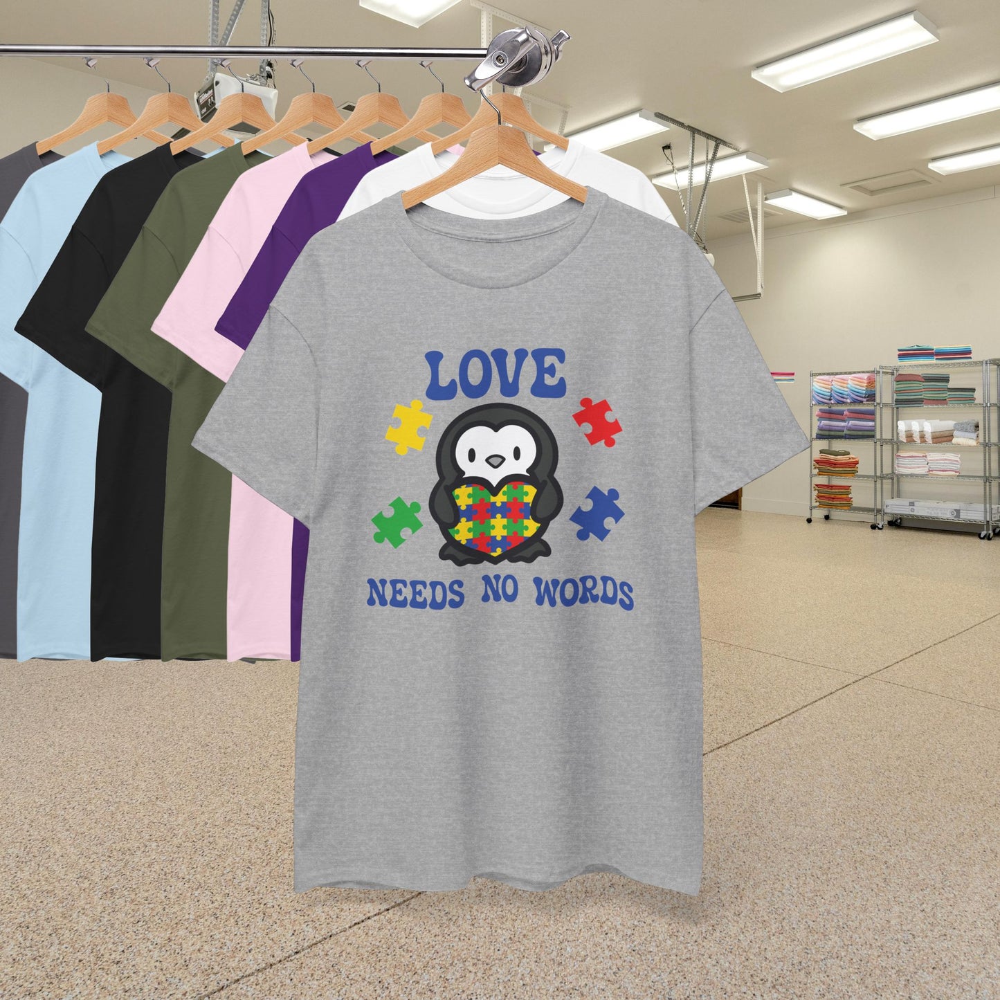 Penguin Puzzle Heart Graphic Love Needs No Words Autism Awareness Unisex T Shirt