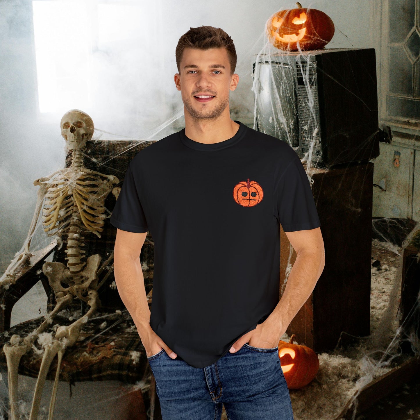 Embroidered Pocket Jackolantern Annoyed Face Halloween Pumpkin Comfort T Shirt Unisex