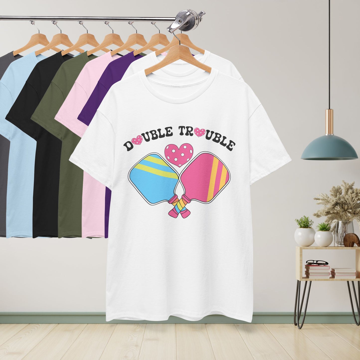 Double Trouble Pickleball T-Shirt | Retro Couple Matching Pink Version