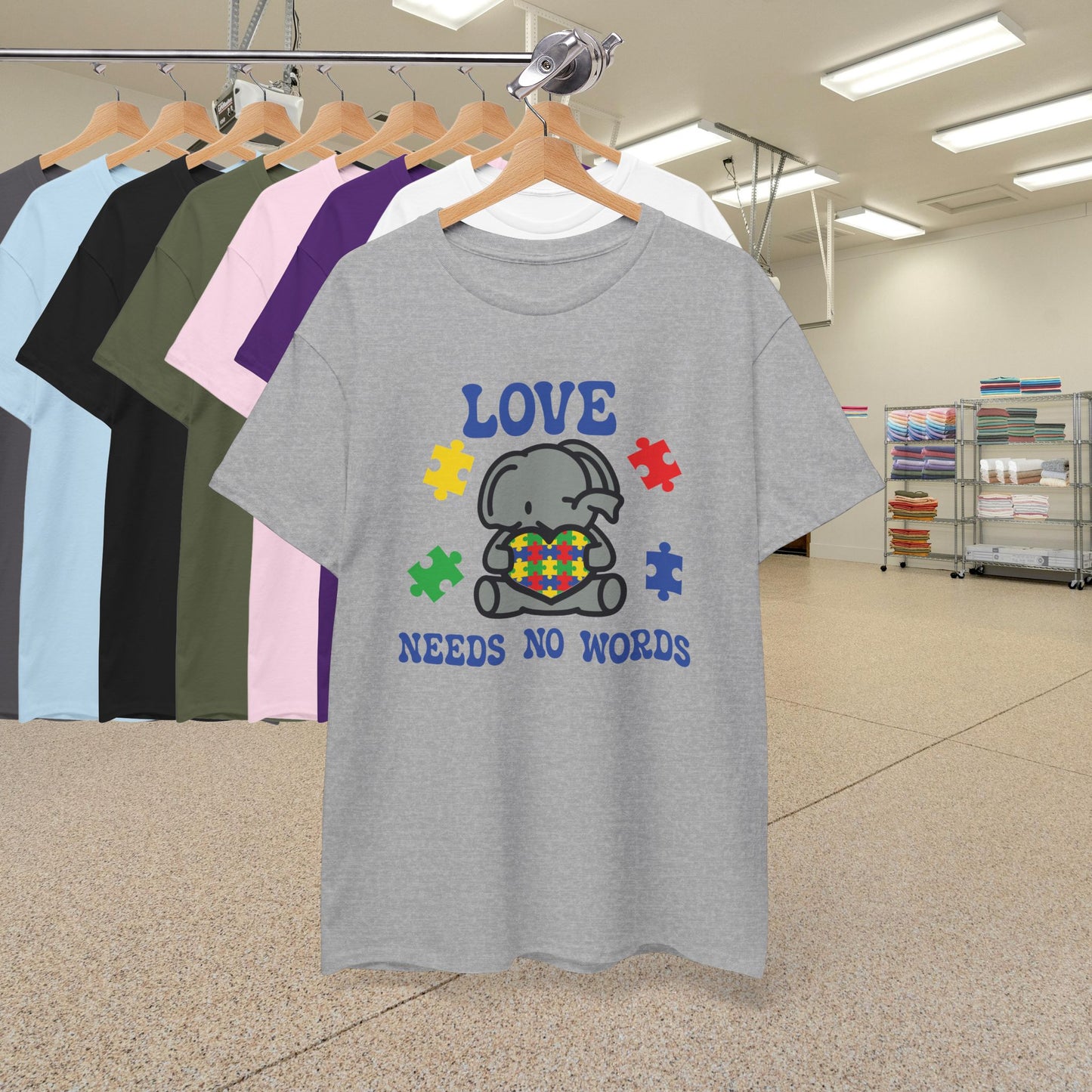 Elephant Puzzle Heart Graphic Love Needs No Words Autism Awareness Unisex T Shirt