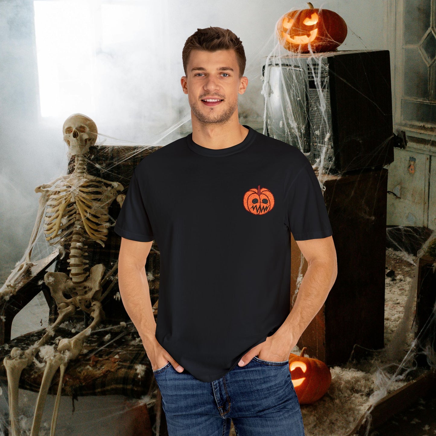 Embroidered Pocket Jackolantern Worried Face Halloween Pumpkin Comfort T Shirt Unisex
