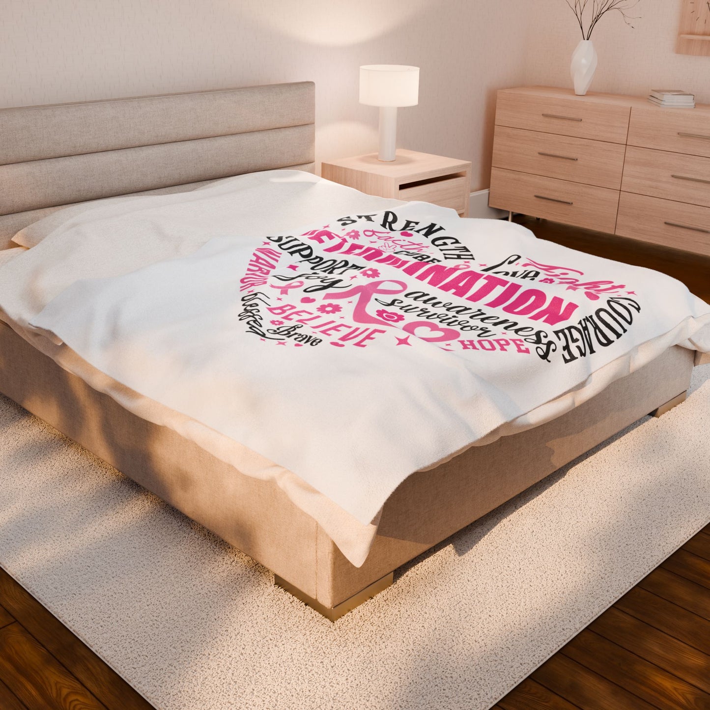 Heart Full of Fight Breast Cancer Awareness White Velveteen Plush Blanket 3 Sizes Chemotherapy Gift