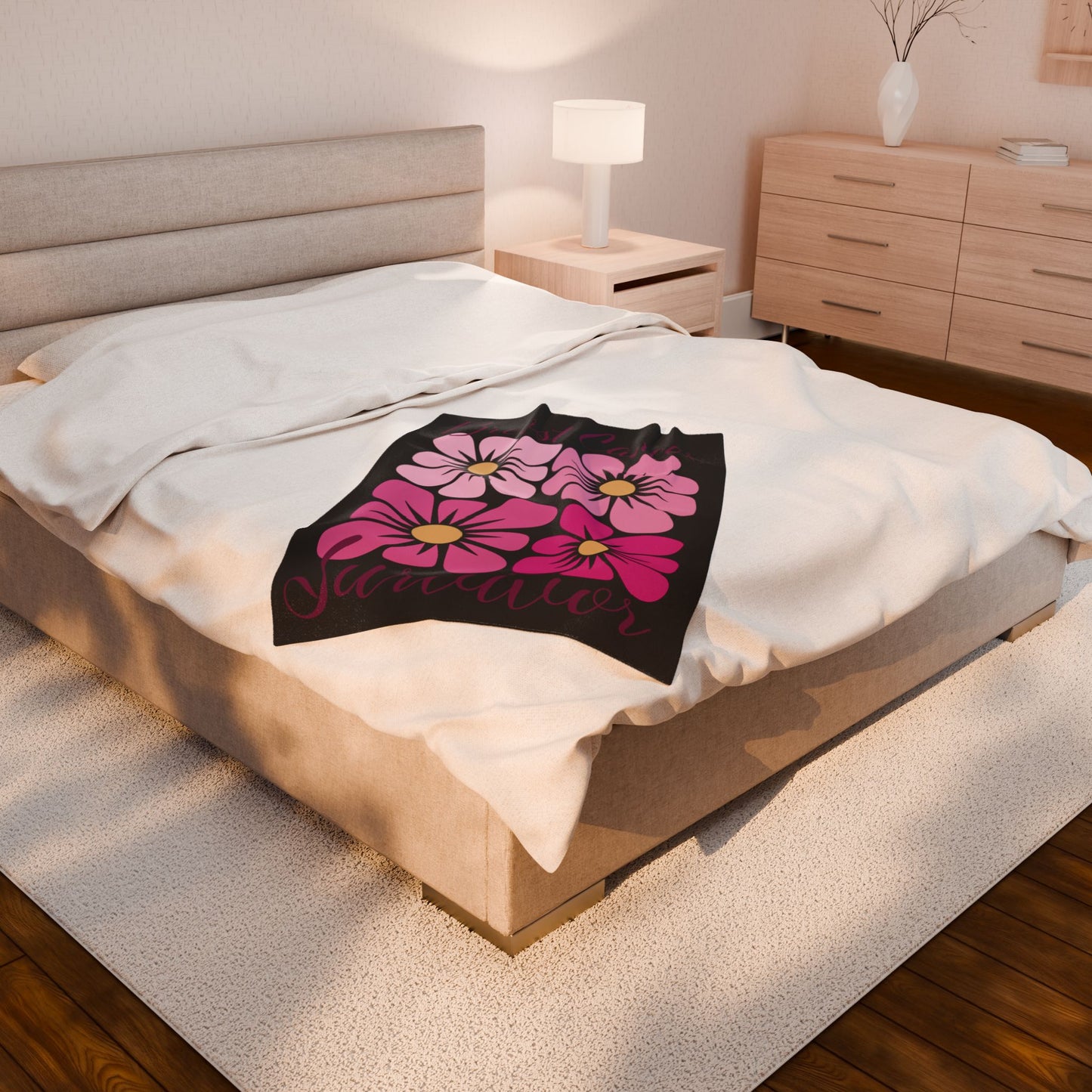 Breast Cancer Survivor Boho Floral Black Velveteen Plush Blanket 3 Sizes Chemotherapy Gift