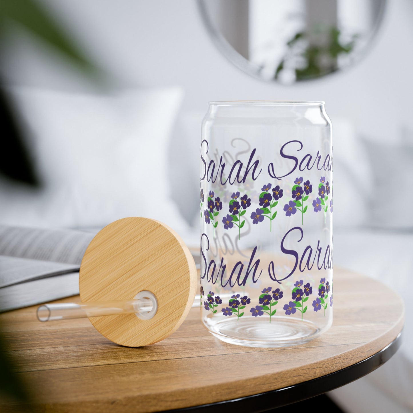 February Birthday Primrose Floral Personalized Sipper Glass Bamboo Lid