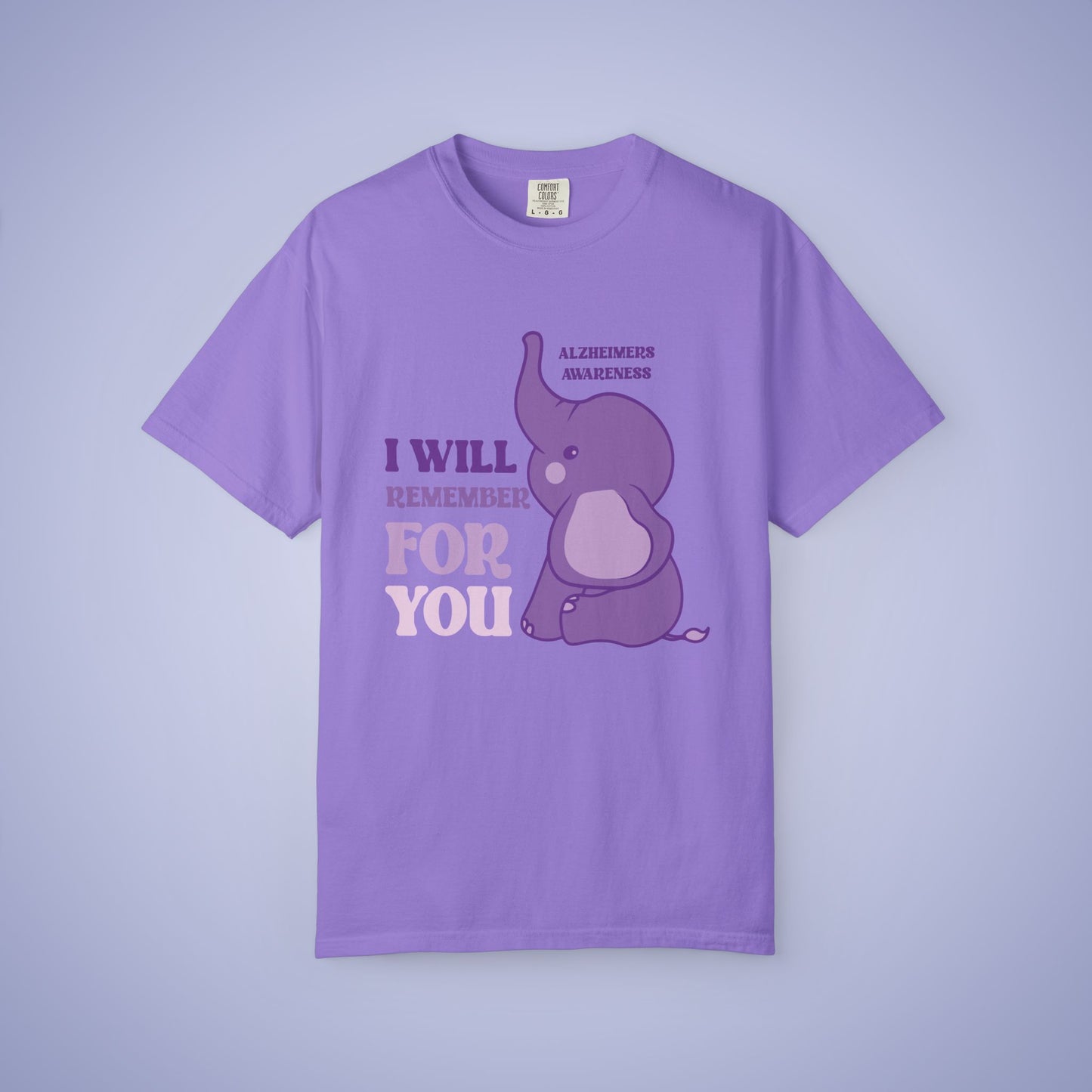 I Will Remember For You Purple Elephant Alzheimers Awareness Comfort Colors T Shirt Unisex