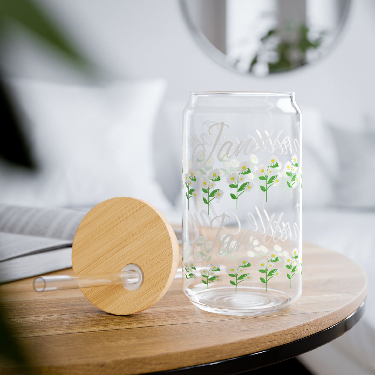 April Birthday DaisyFloral Personalized Sipper Glass Bamboo Lid