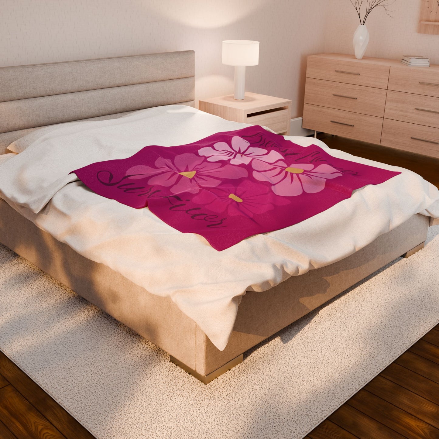 Breast Cancer Survivor Boho Floral Pink Velveteen Plush Blanket 3 Sizes Chemotherapy Gift