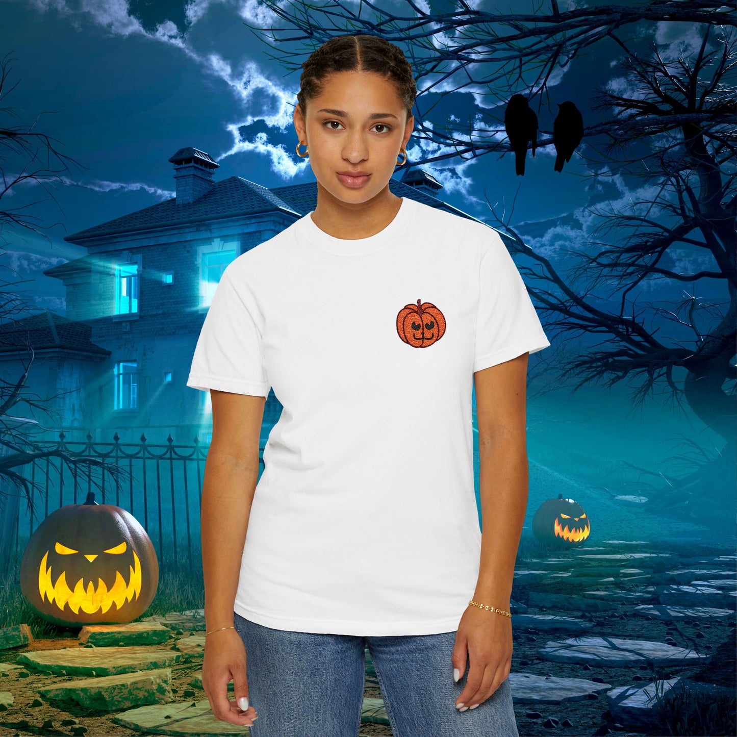 Embroidered Pocket Jackolantern Cat Face Halloween Pumpkin Comfort T Shirt Unisex