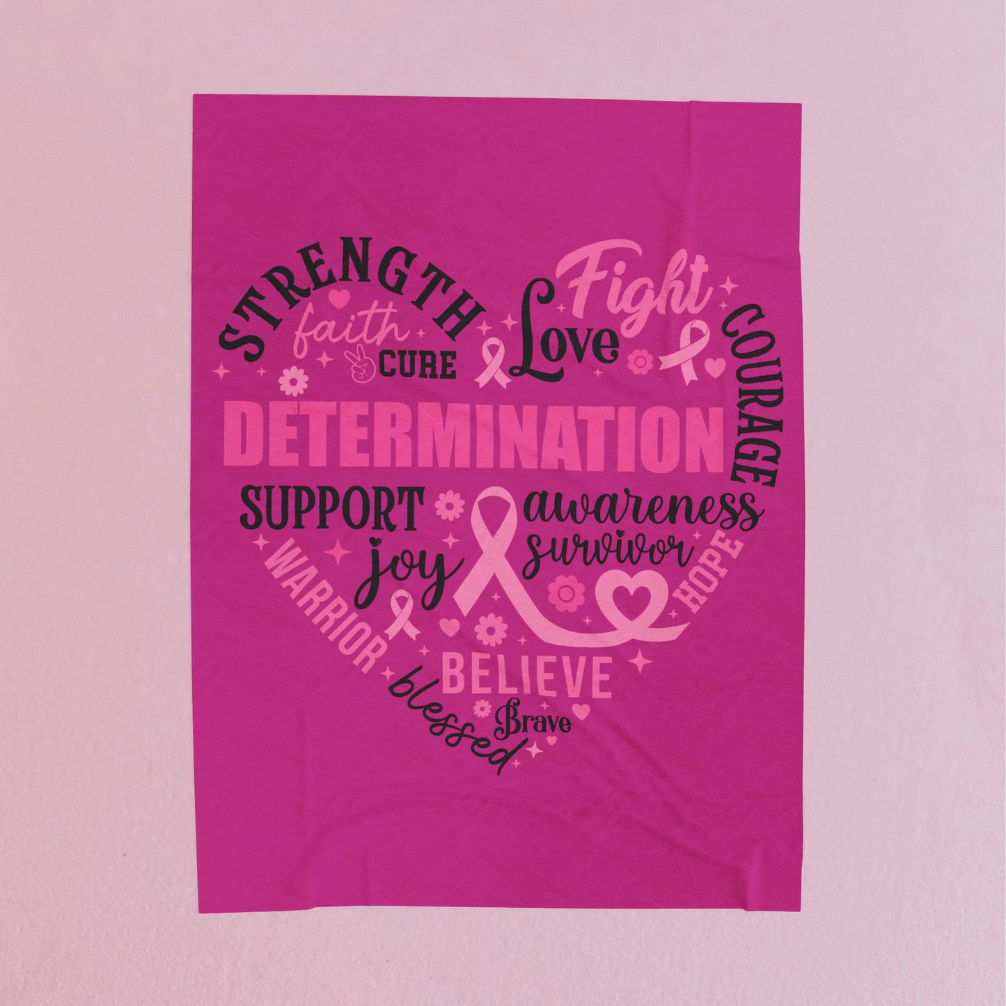 Heart Full of Fight Breast Cancer Awareness Pink Velveteen Plush Blanket 3 Sizes Chemotherapy Gift
