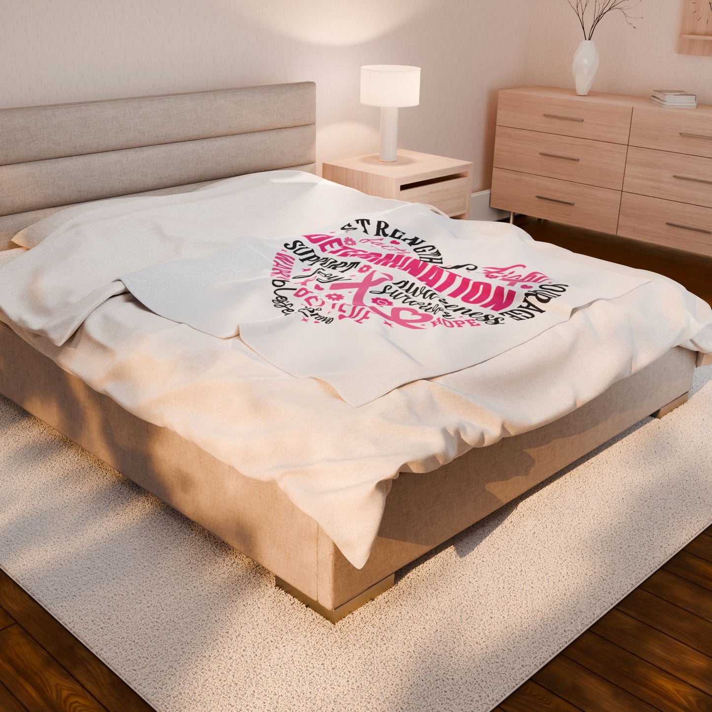 Heart Full of Fight Breast Cancer Awareness White Velveteen Plush Blanket 3 Sizes Chemotherapy Gift