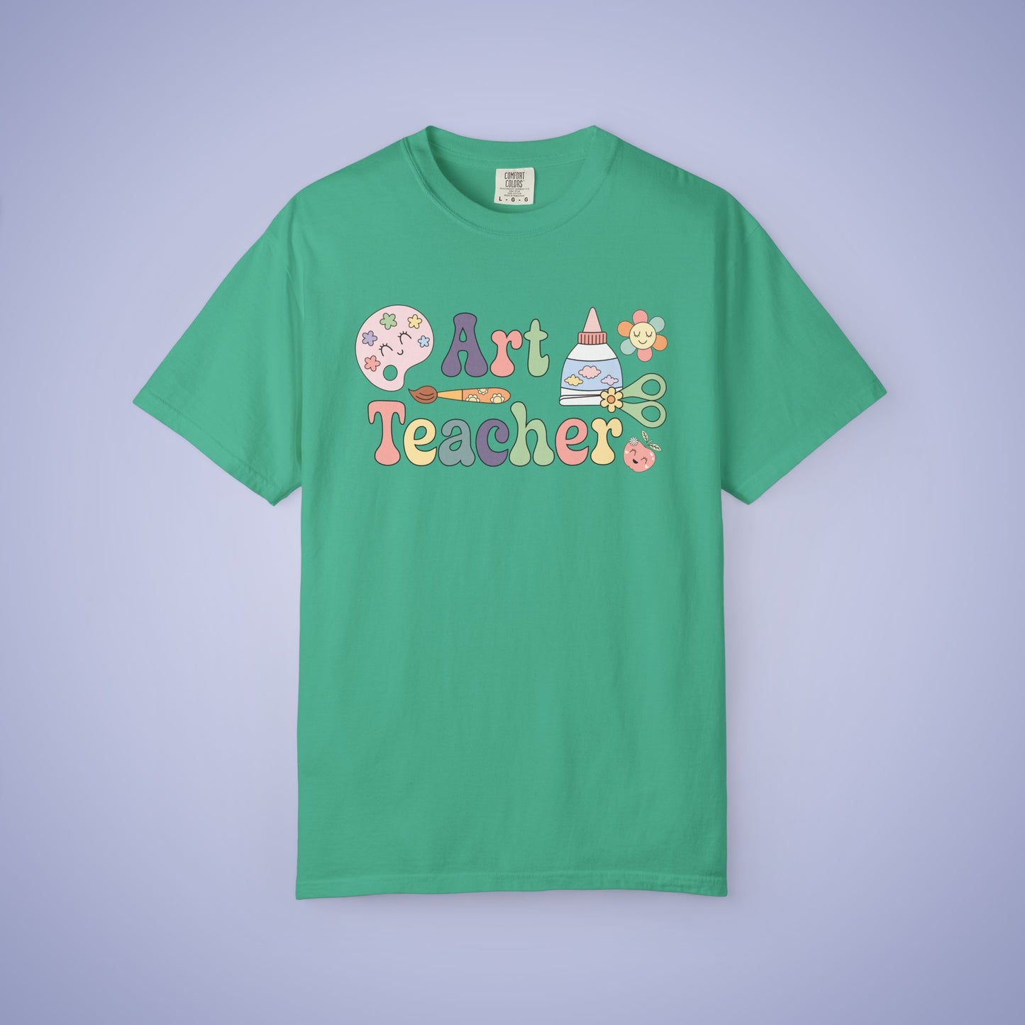 Green t shirt with 'Art Teacher' text and graphics on a green background