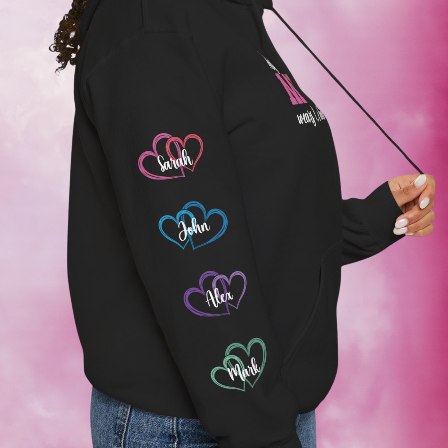This Mother Wears Her Heart on Her Sleeve Personalized White Mothers Day Gift Hoodie Sweatshirt