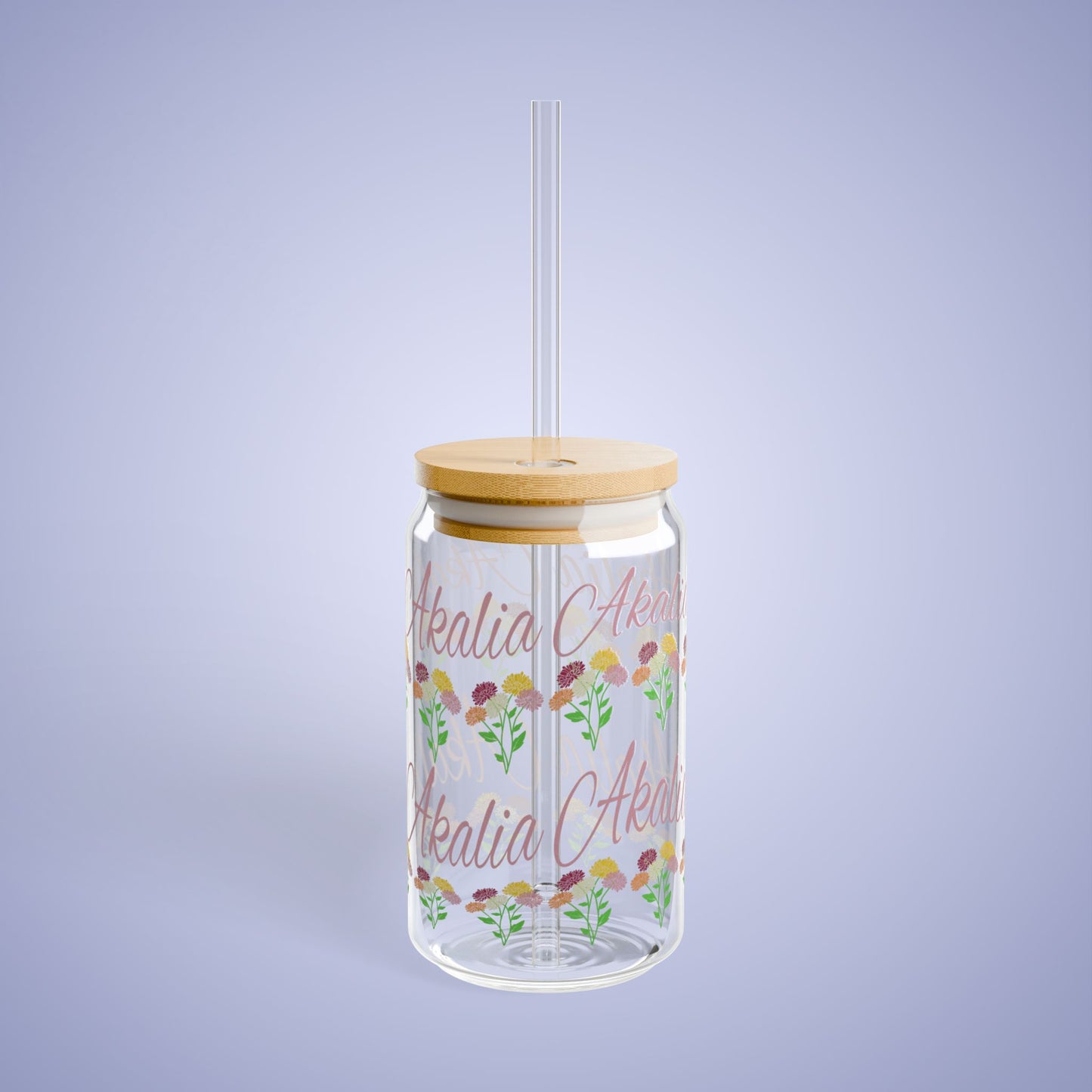 November Birthday Chrysanthemum Floral Personalized Sipper Glass Bamboo Lid