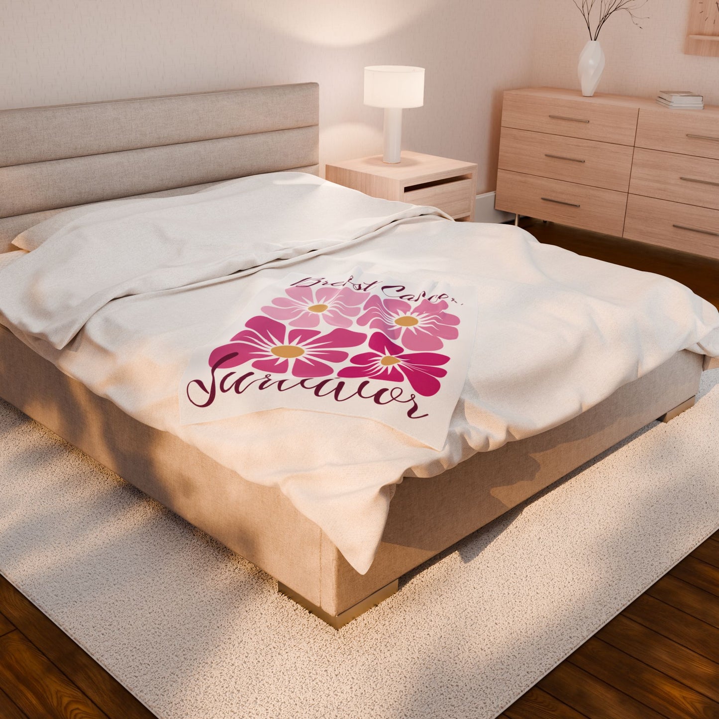 Breast Cancer Survivor Boho Floral White Velveteen Plush Blanket 3 Sizes Chemotherapy Gift