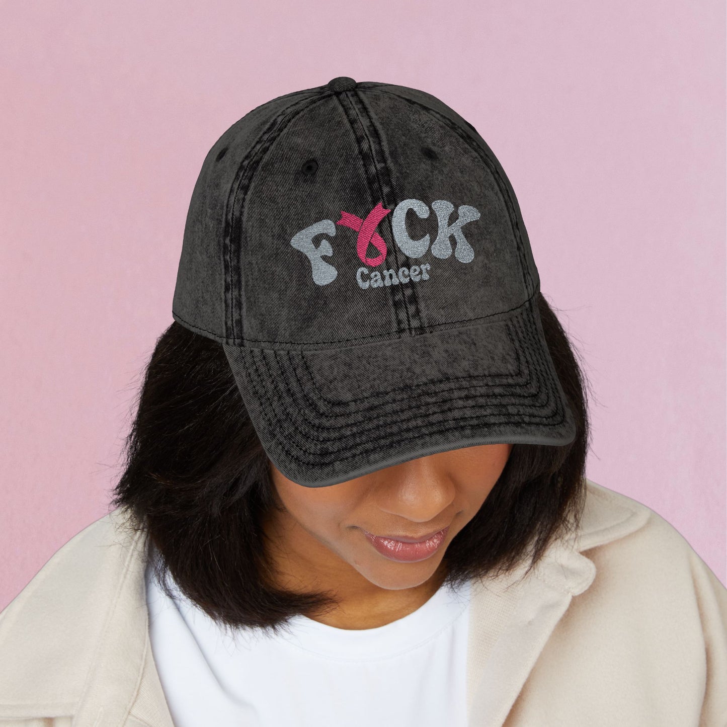Fuck Cancer Embroidered Breast Cancer Awareness Unisex Distressed Cap Gift Black