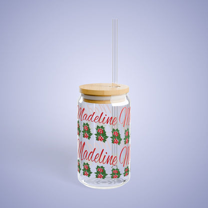 December Birthday Holly Floral Personalized Sipper Glass Bamboo Lid