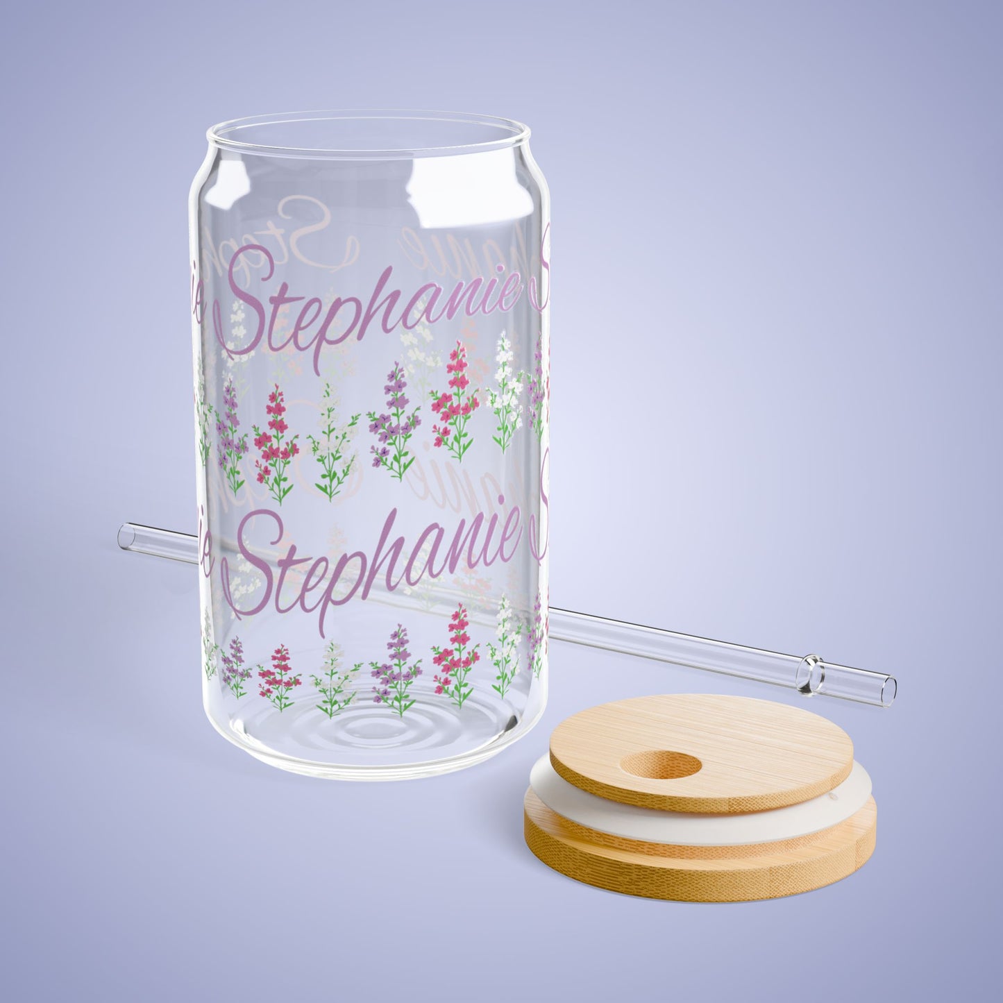 July Birthday Larkspur Floral Personalized Sipper Glass Bamboo Lid
