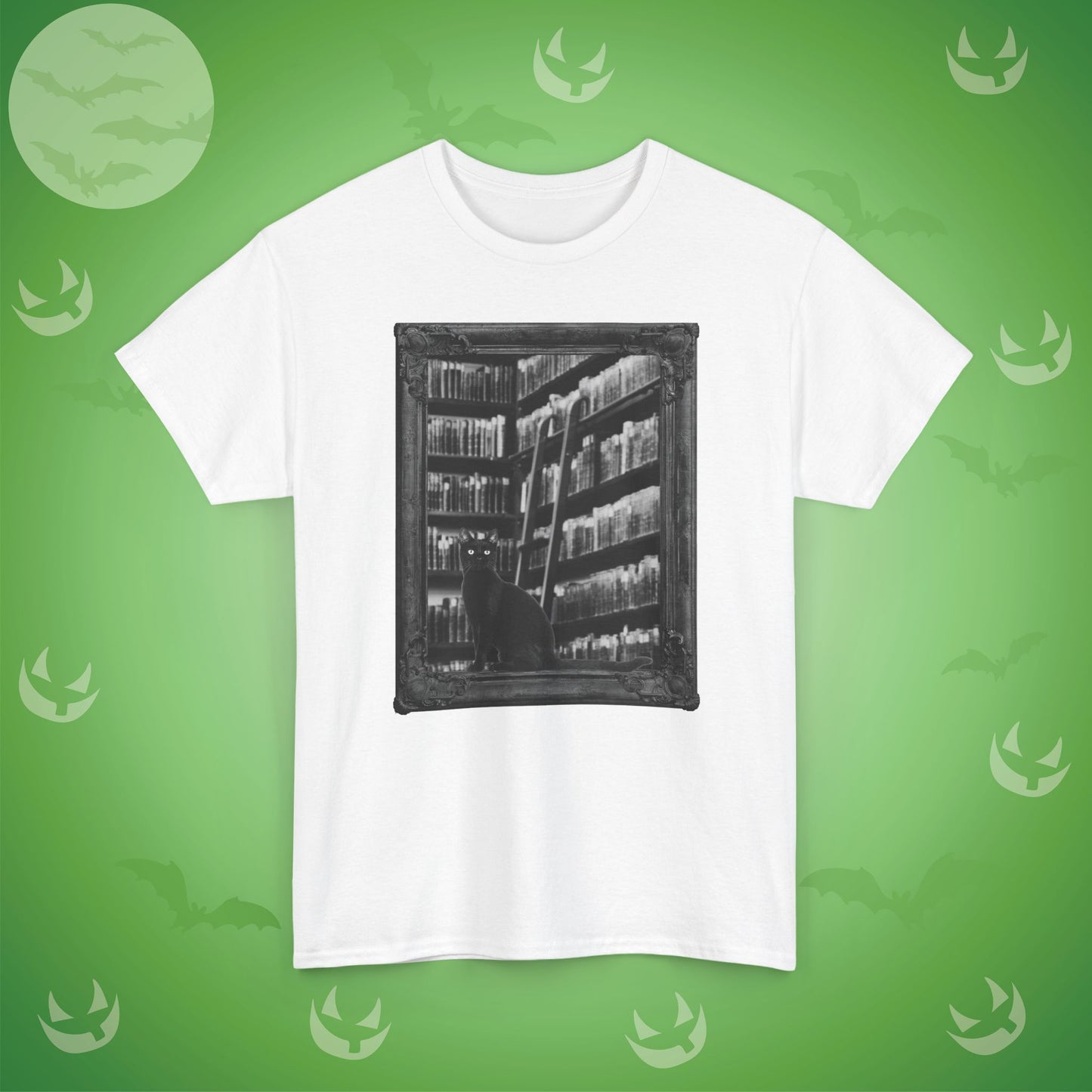 Black Cat Spooky Library Halloween T-Shirt | Book Lover Photographic Design