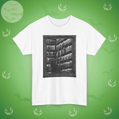 Black Cat Spooky Library Halloween T-Shirt | Book Lover Photographic Design