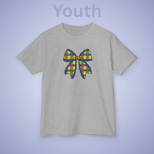 Coquette Puzzle Piece Bow Graphic Autism Awareness Cotton Youth T Shirt