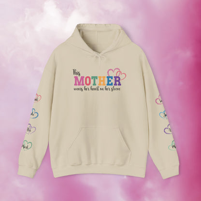 This Mother Wears Her Heart on Her Sleeve Personalized Mothers Day Gift Hoodie Sweatshirt