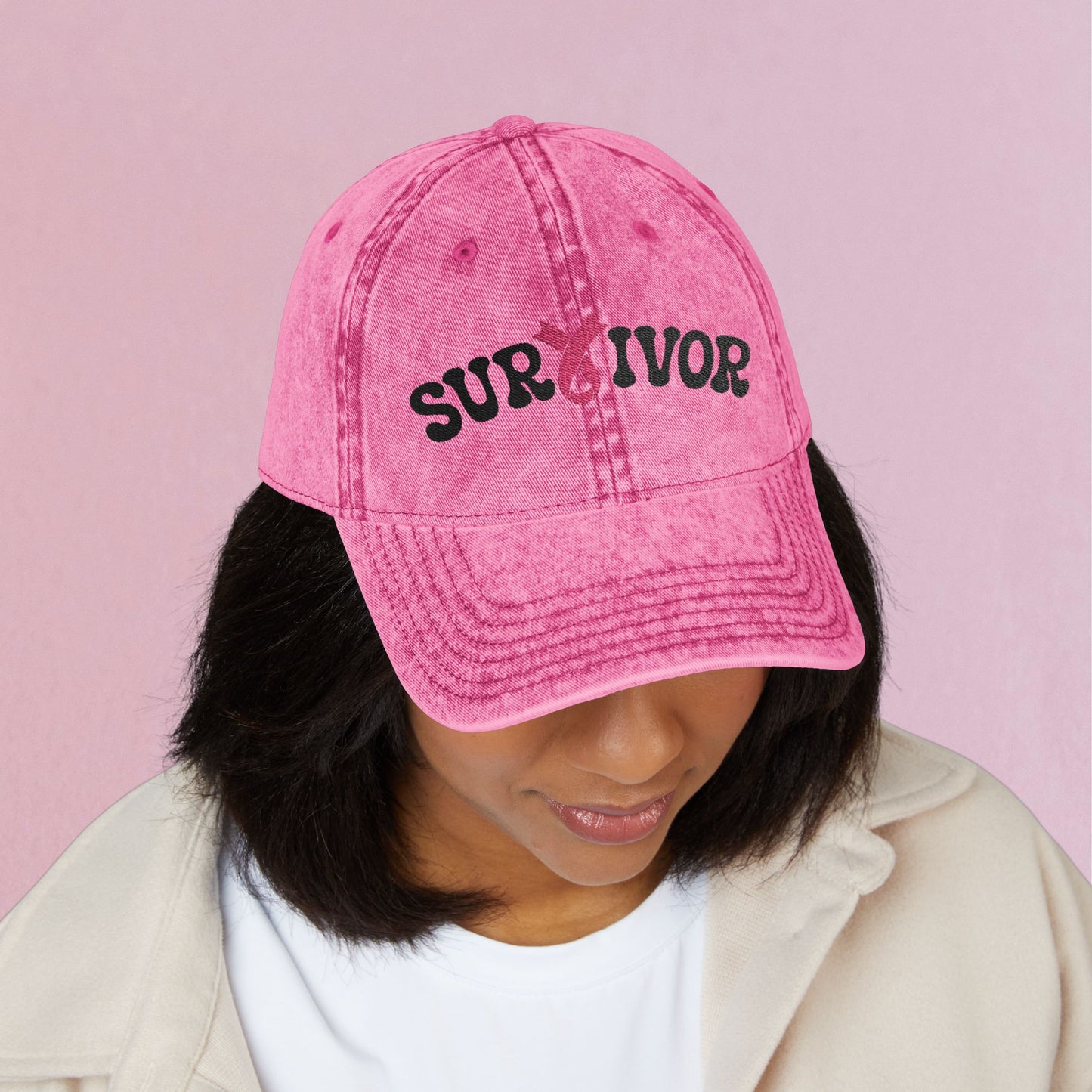 Survivor Embroidered Breast Cancer Awareness Unisex Distressed Cap Gift Pink