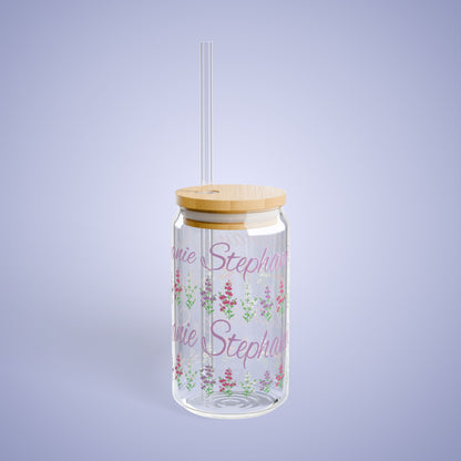 July Birthday Larkspur Floral Personalized Sipper Glass Bamboo Lid