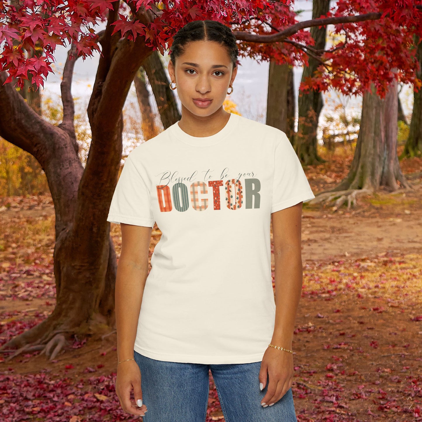 Blessed to be Your Doctor White Thanksgiving Patterned Word Art Comfort T Shirt Unisex