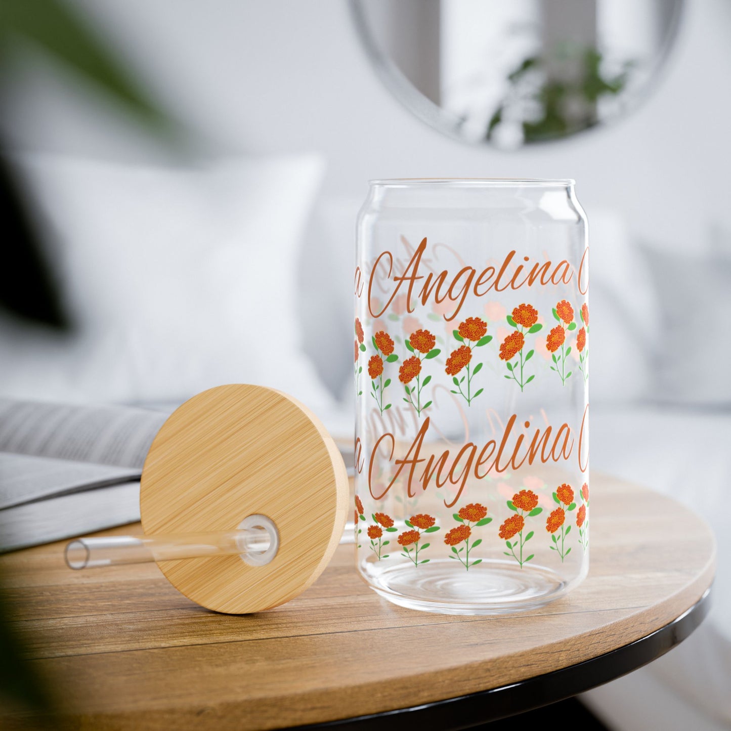 October Birthday Marigold Floral Personalized Sipper Glass Bamboo Lid