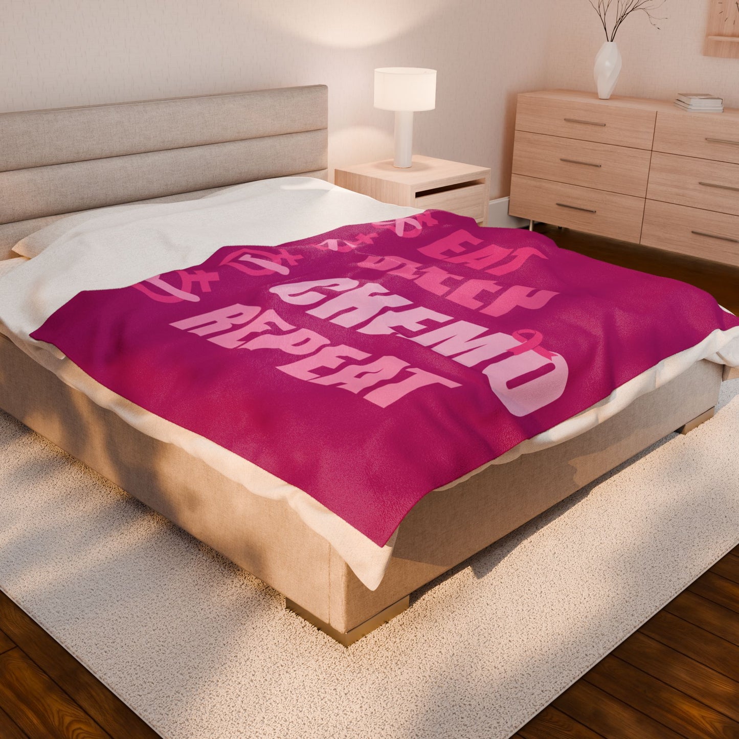 Eat Sleep Chemo Repeat Pink Velveteen Plush Blanket 3 Sizes Chemotherapy Gift