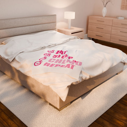Eat Sleep Chemo Repeat White Velveteen Plush Blanket 3 Sizes Chemotherapy Gift