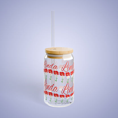 August Birthday Poppy Floral Personalized Sipper Glass Bamboo Lid