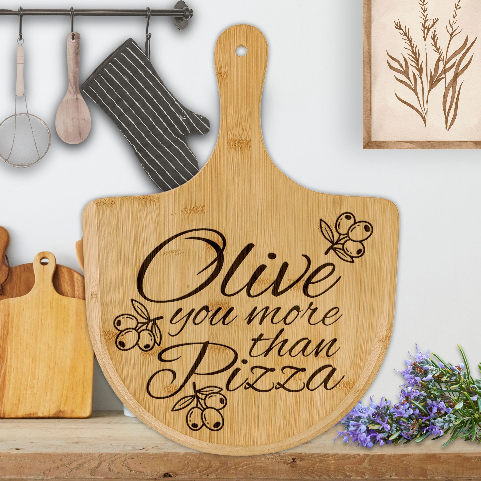 Olive you more than Pizza Engraved Bamboo Pizza Board Partner Family Gift
