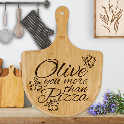 Olive you more than Pizza Engraved Bamboo Pizza Board Partner Family Gift