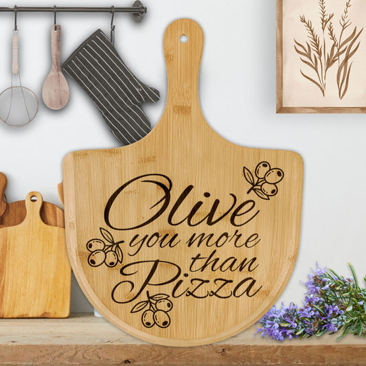 Olive you more than Pizza Engraved Bamboo Pizza Board Partner Family Gift