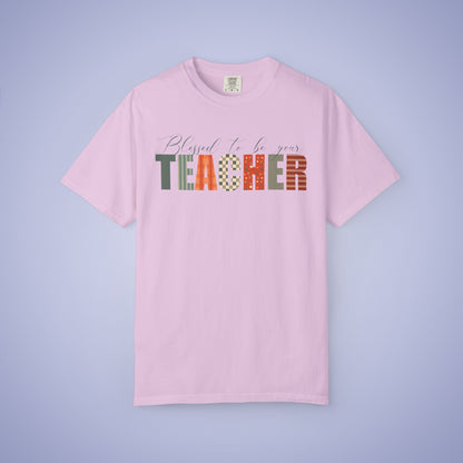 Blessed to be Your Teacher White Thanksgiving Patterned Word Art Comfort T Shirt Unisex