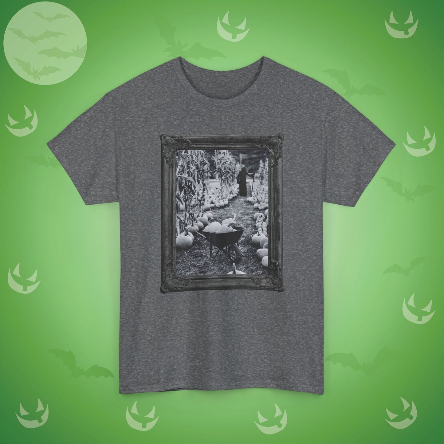 A Reaper in the Pumpkin Patch Spooky Halloween T-Shirt | Photographic Design